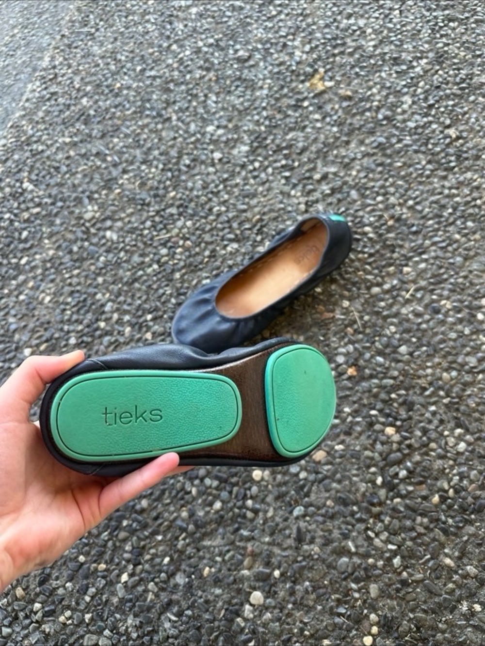 Tieks Navy Leather Ballet Flats with Green Heel Tab - Picture 3 of 3